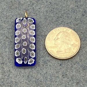 Glass Pendant Gold Rectangular Millefleur Flower Star Blue White Black Artisan